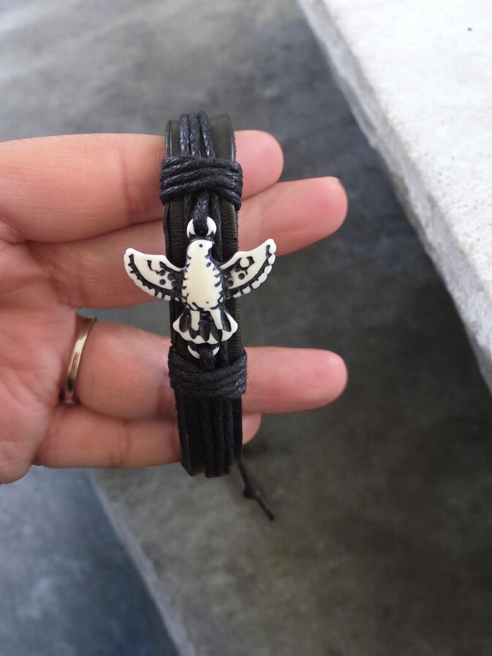 NThandmade Jewelry Black Leather Bracelet with White Bird Charm